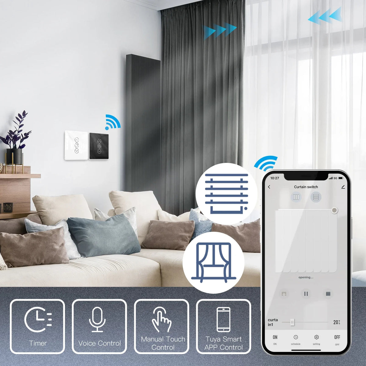 commutateur intelligent rideau controle tactile noir blanc application smartphone flèches haut bas arrêt moderne