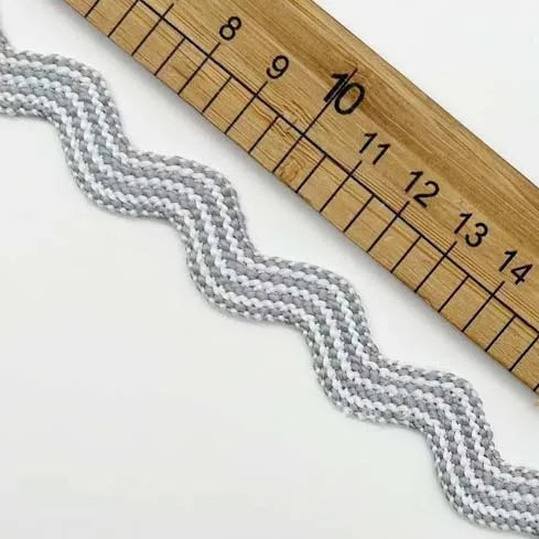 ruban polyester largeur 12mm motif zigzag couleurs bleu gris beige moderne ornement ourlet opaque