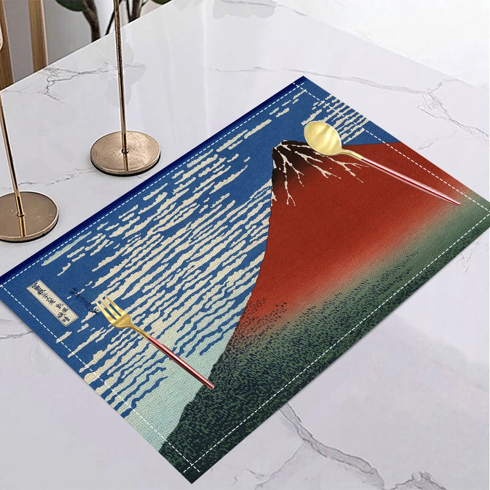 tapis table lin moderne motifs artistiques beige bleu orange noir jaune respectueux environnement 30x40cm