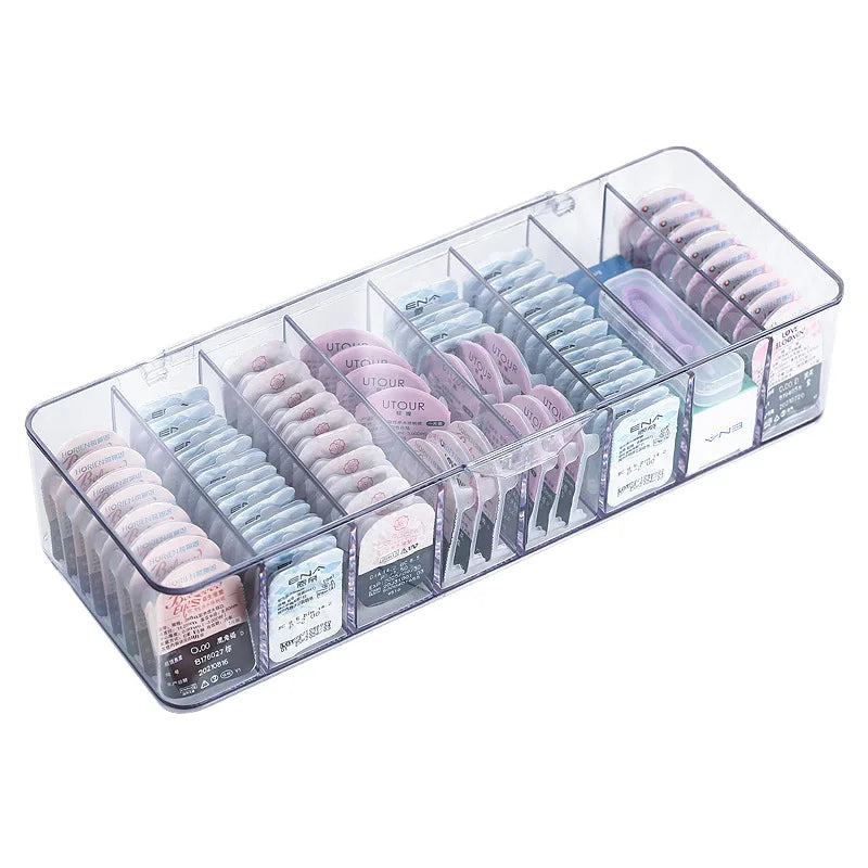 boîte rangement cosmétique transparente moderne compartimentée anti poussière organisation lentilles jetables quotidienne minimaliste