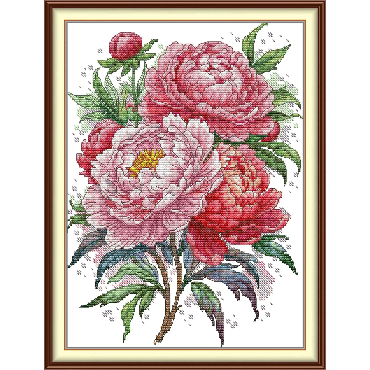 broderie fleur pivoine rose rouge vert blanc coton 11ct 14ct toile imprimée non imprimée