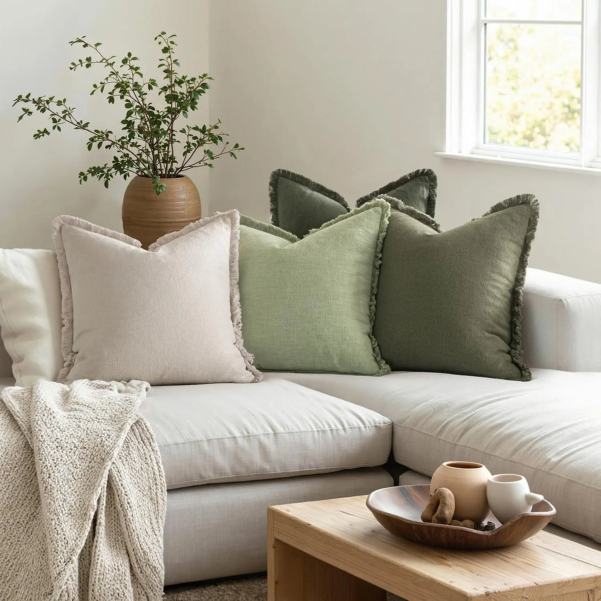 coussins décoratifs bohèmes lin texturé franges blanc cassé vert olive gris