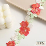 ruban décoratif brodé fleurs violet orange rose vert gris rouge 4cm large polyesterOpaque