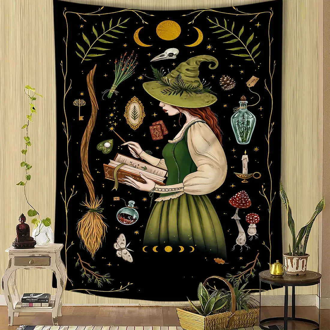tapisserie murale sorcière motifs magiques astrologiques noir vert chambre salon