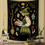 tapisserie murale sorcière motifs magiques astrologiques noir vert chambre salon