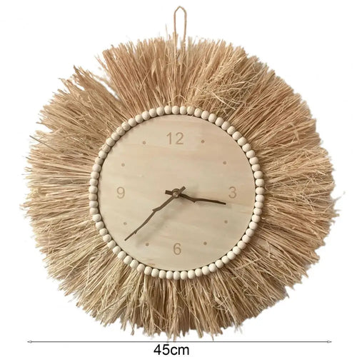 horloge murale boho tiges paille bois naturel crochet métallique chambre enfant vintage rustic
