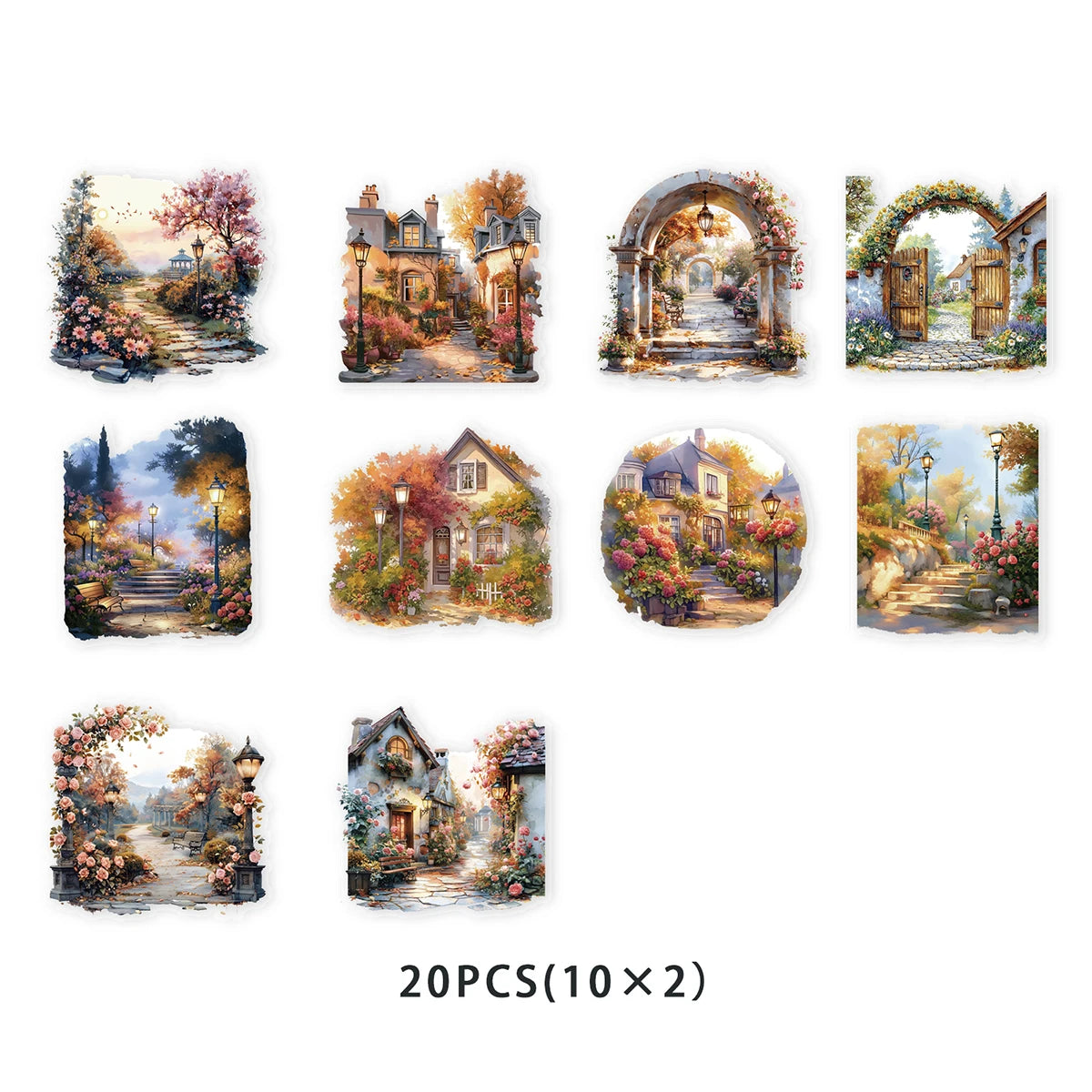 sticker multicolore paysagiste maison arches floral vintage adhésif enfant decoration chambre thermos telephone valise
