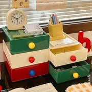 organisateur tiroir empilable vert rouge beige tiroirs brillants poignées billes horloge vintage figurines disney