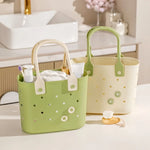 sac main moderne perforations fleurs relief vert clair beige poignées détachables décontracté rangement