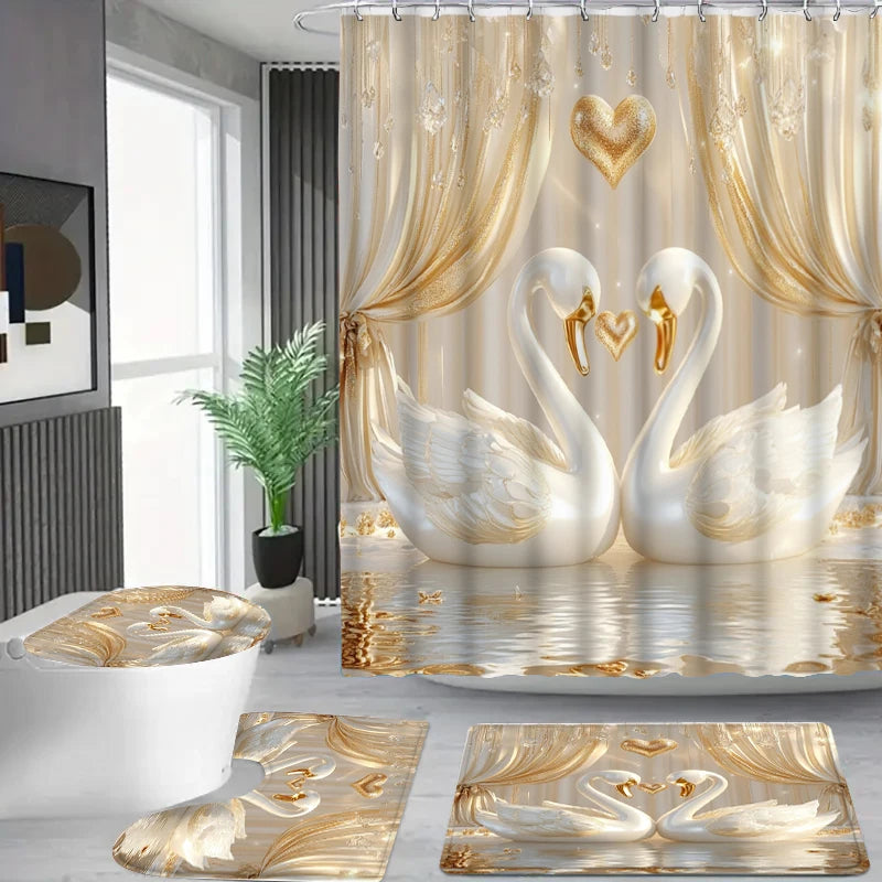 rideau douche cygnes tapis bain couvercle wc blanc doré classique