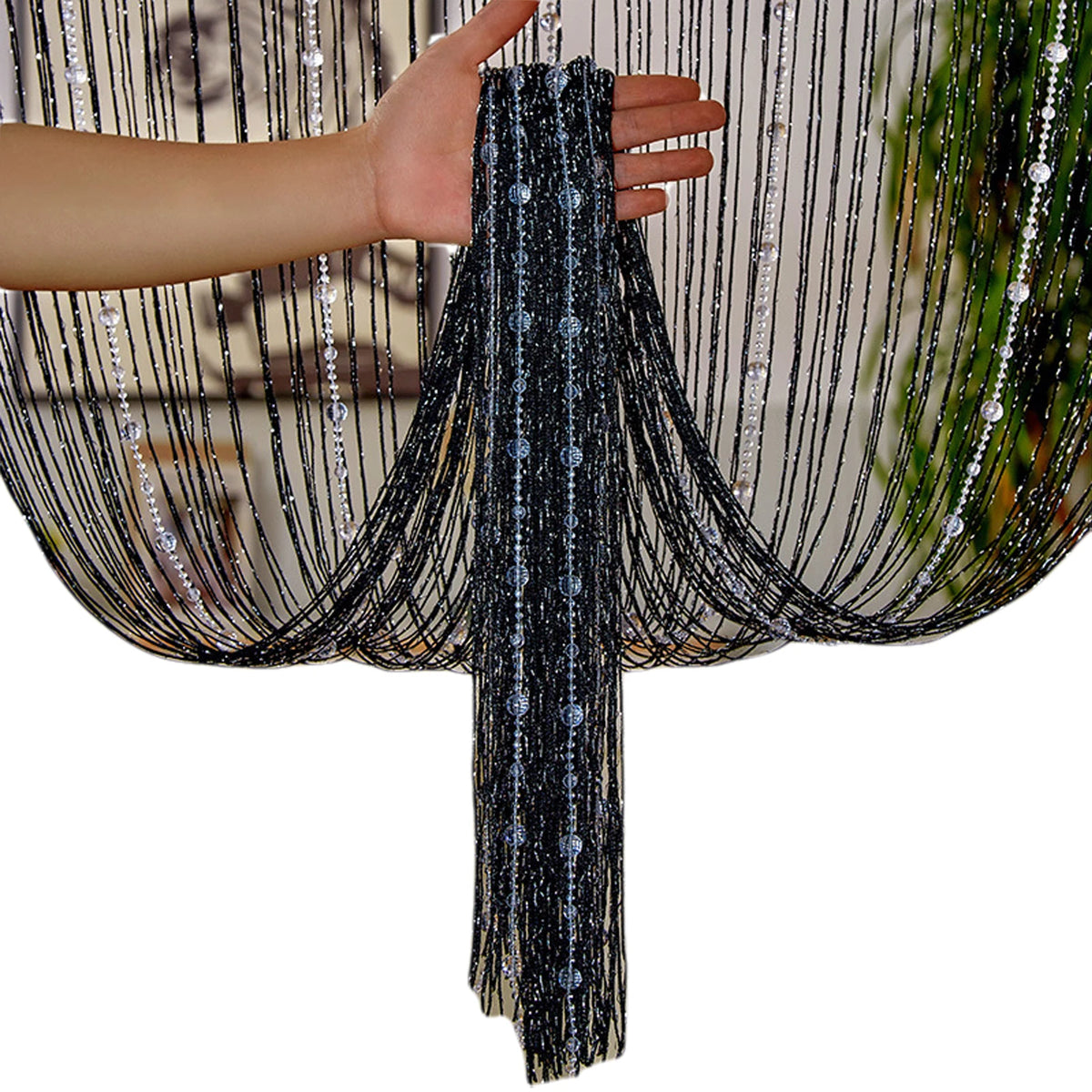 rideau porte transparentes argenté noir bleu gris moderne LOVE végétal décoratif élégant