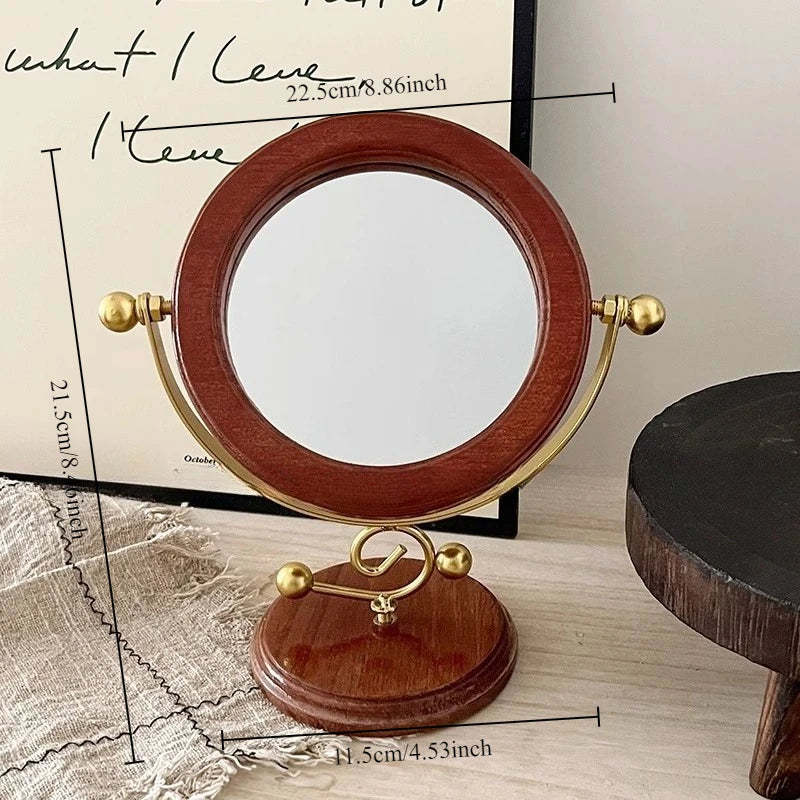 miroir table rotatif vintage rétro marron doré élément métallique bois base