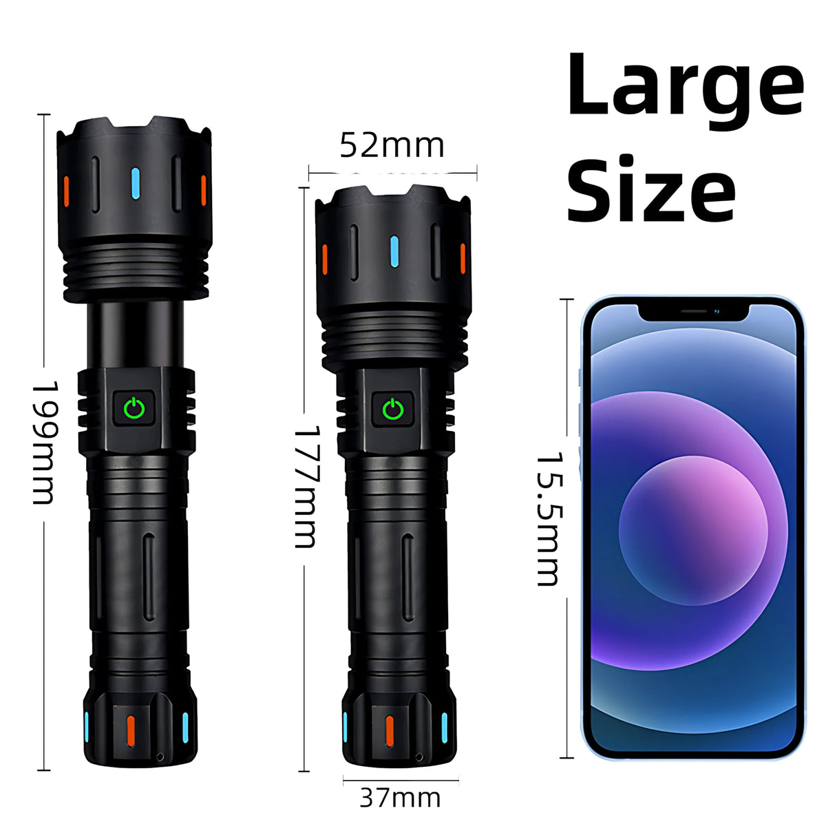 lampe torche tactique noire 2000 lumens 30w 1500m étanche ipx6 zoom led rechargeable usb