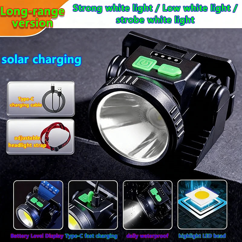lampe frontale led rechargeable usb étanche camping pêche chasse sport noir clip moderne