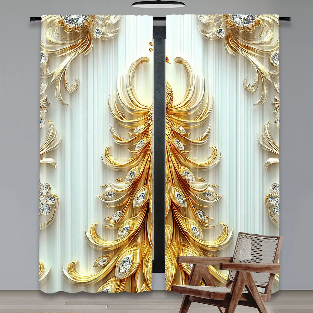 rideaux blanc doré plumes paon strass élégants chambre salon 100 polyester classique