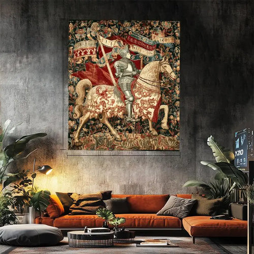 tapisserie renaissance chevalier cheval motifs floraux rouge beige intérieur extérieur salon chambre facile accrocher