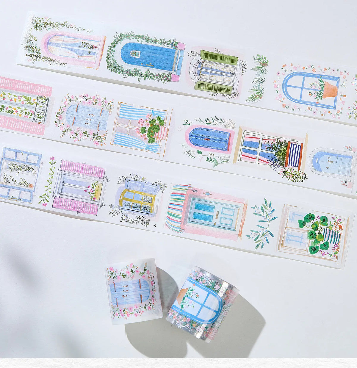 ruban adhésif décoratif washi transparent portes fenêtres feuillages fleurs bleu rose blanc vert