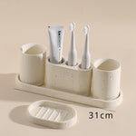 ensemble salle bain moderne brosse dents pot dentifrice distributeur savon blanc crème grain ciment