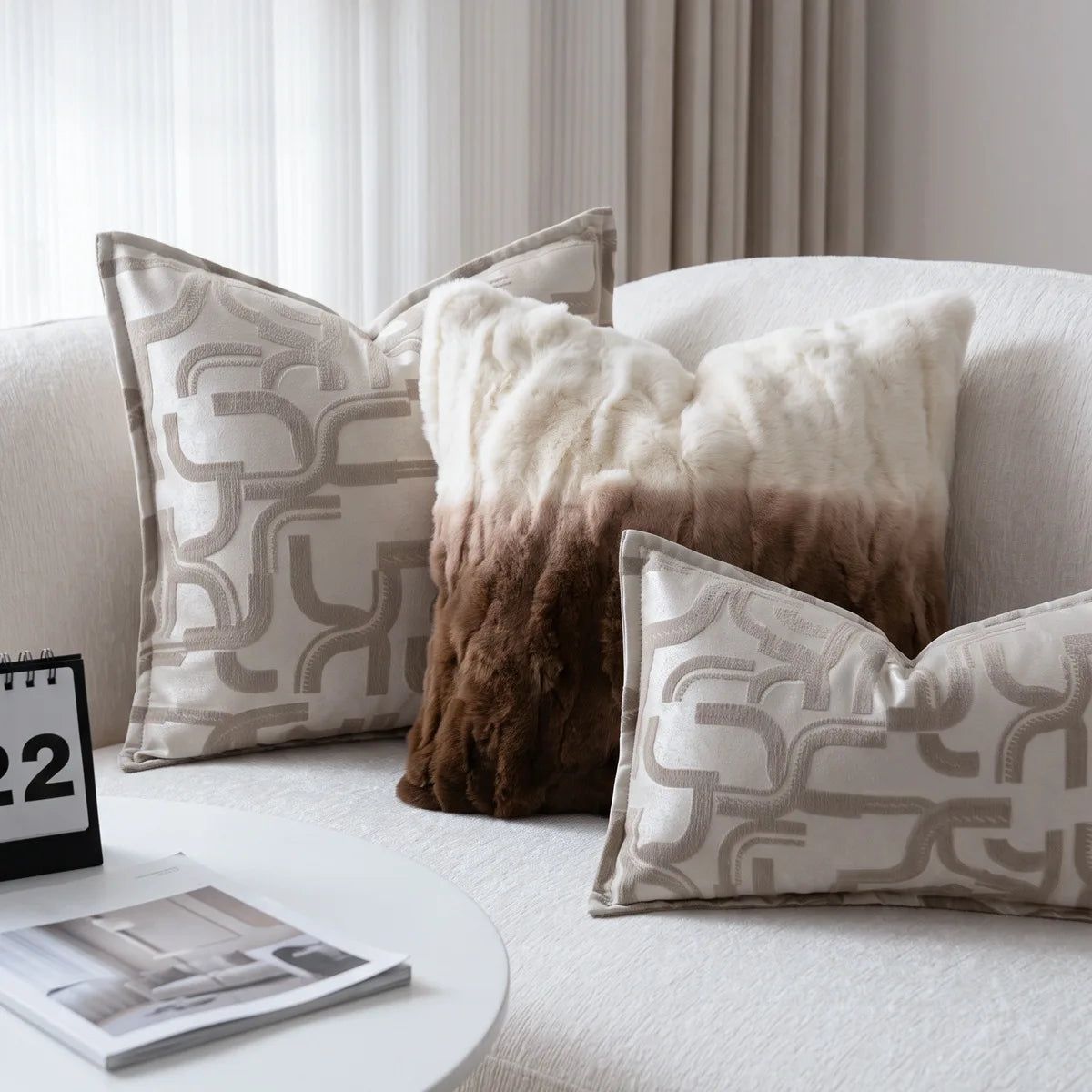 housse coussin jacquard géométrique polyester beige marron contemporain décoratif maison voiture