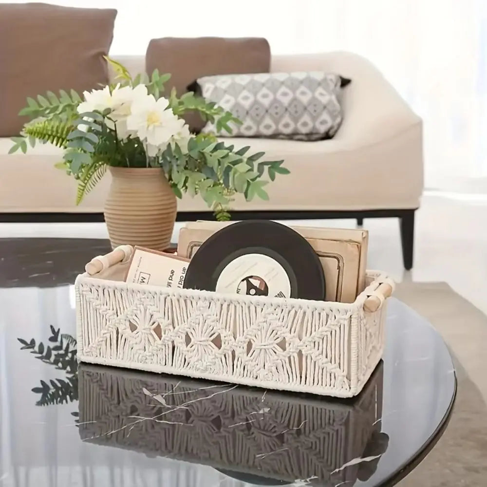 panier tressé bohème blanc motif floral rangement maison multipurpose poignée bois naturel