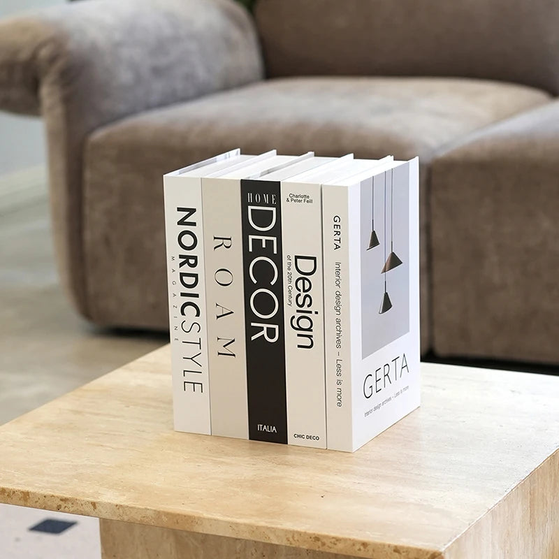 décoration intérieure livres faux blanc gris moderne minimaliste feuilles table étagère