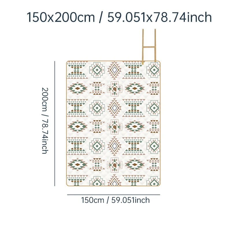 couverture pique nique extérieure tapis pliable carreaux blanc beige moderne poignées amovibles triangles cercles