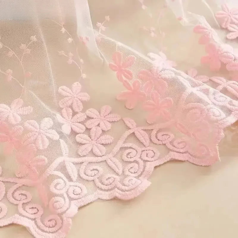 rideau rose fleurs blanches romantique tulle dentelle salon chambre polyester