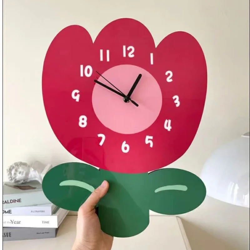 horloge murale quartz aiguille acrylique motif floral rouge rose salon moderne