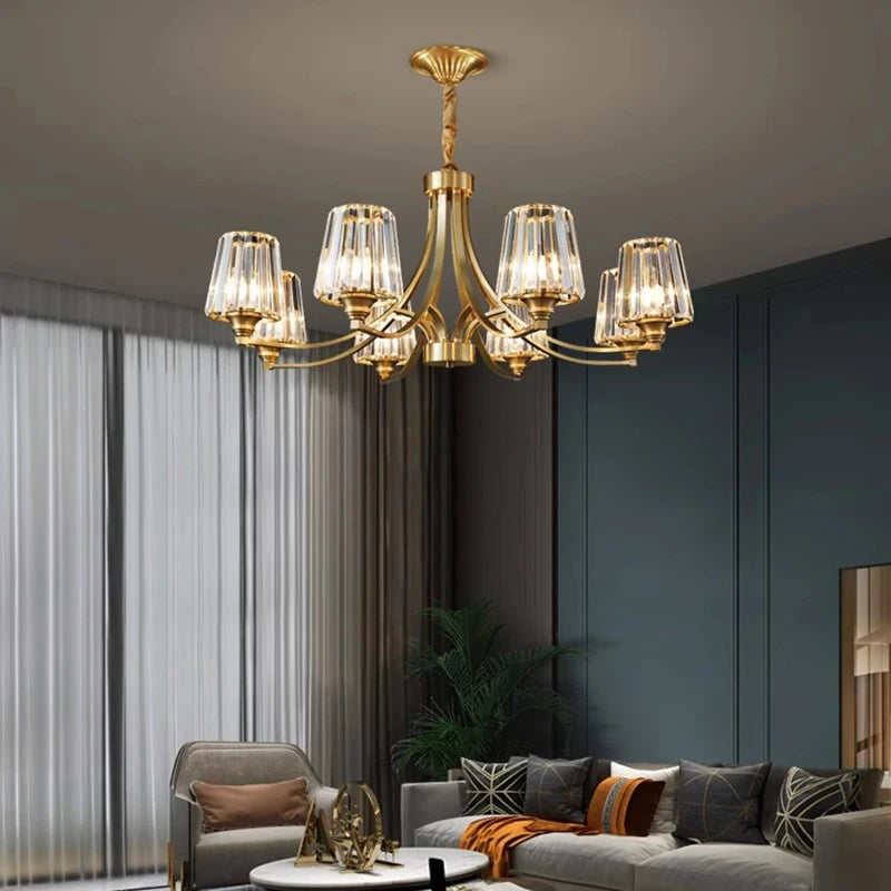 lustre moderne cuivre poli 10 têtes ampoules led transparentes rayures