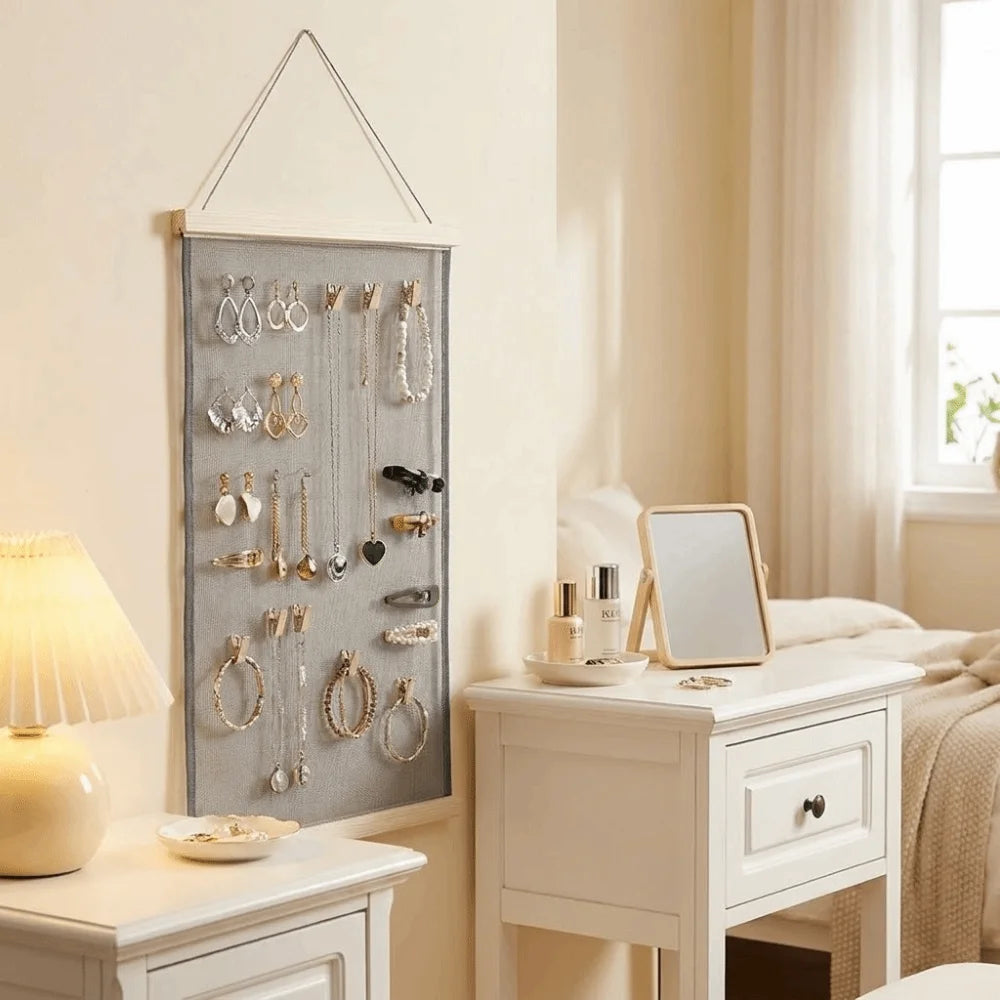 porte bijoux mural bois rustique gris brun clair toile lin multiple utilisation