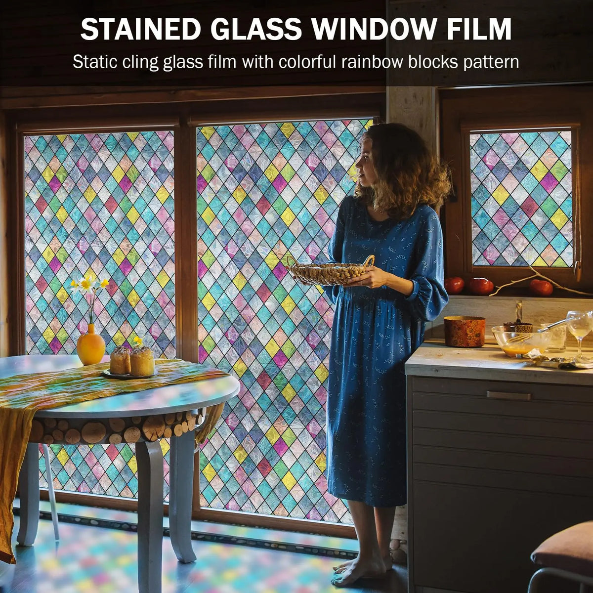 film fenêtre multicolore carreaux géométriques opacité décoratif protection uv isolation thermique autoadhésif