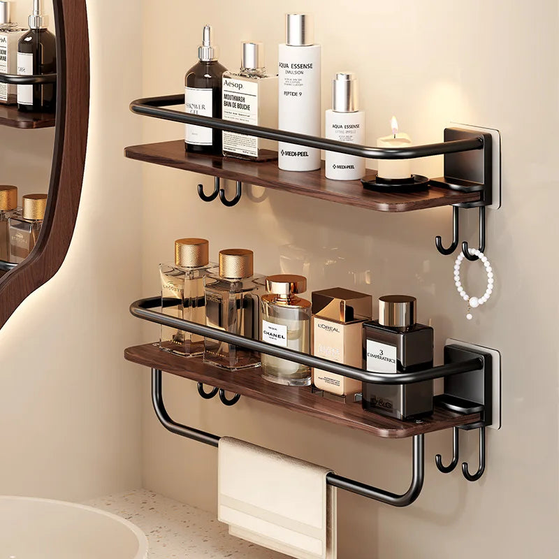 étagère salle bain bois marron foncé moderne fixée mur sans perçage réutilisable multifonctionnelle