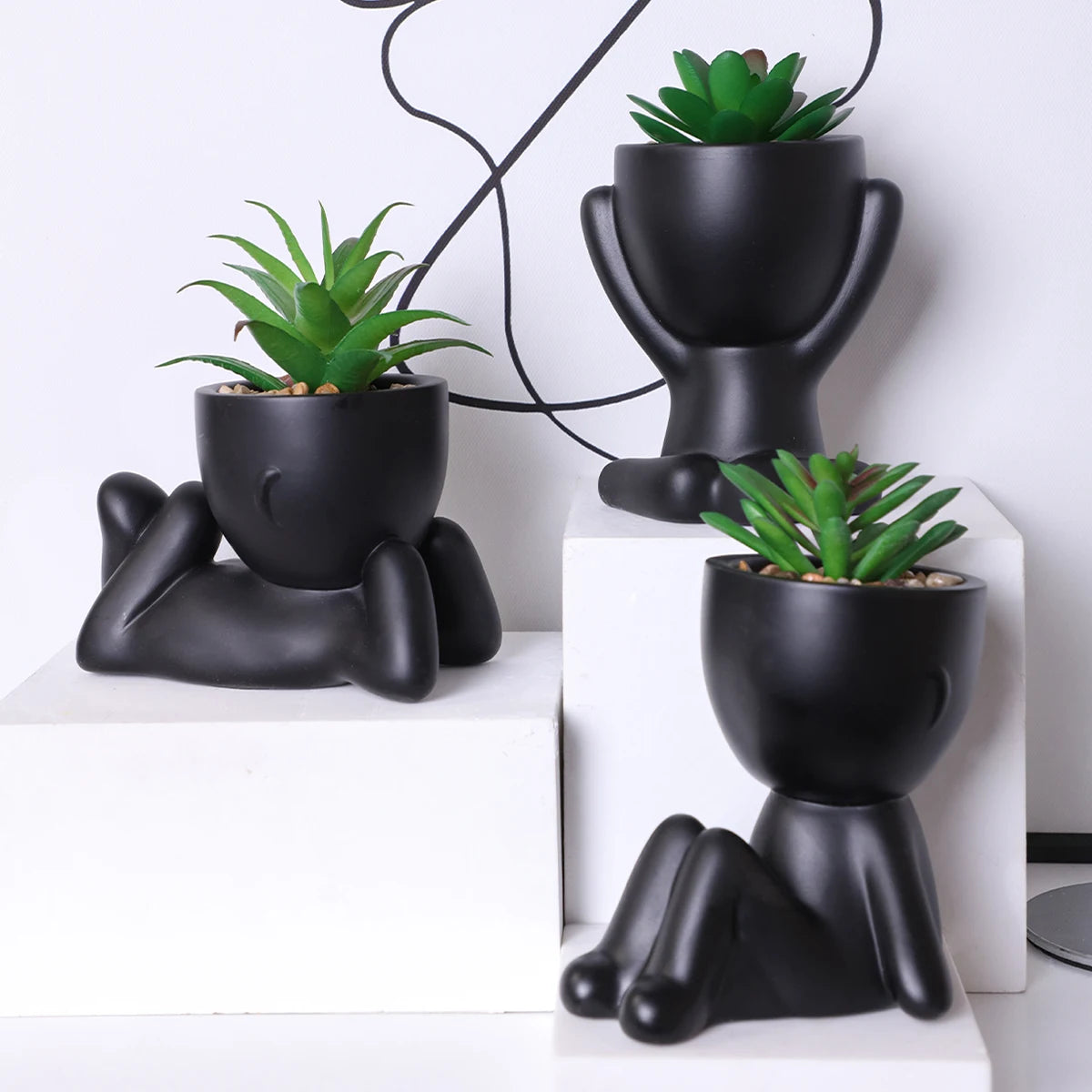 pots fleurs artificielles succulentes dessin animé moderne noir vert décoration maisonextérieur