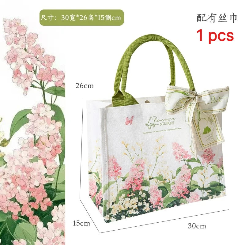 sac main toile fleurs blanc vert rose élégant réutilisable écologique poignées vertes