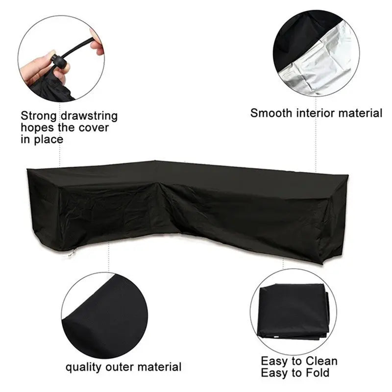 housse canapé d'angle noir soie imperméable moderne cordons serrage poches latéralesextérieur coussins