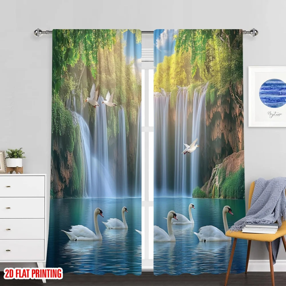 rideau moderne deux pièces paysage cascade oiseaux arbres vert bleu opacité polyester