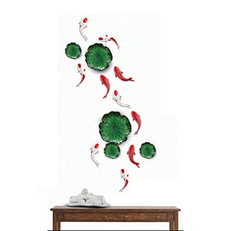 décoration murale moderne poissons rouges feuilles lotus blanc argenté verte