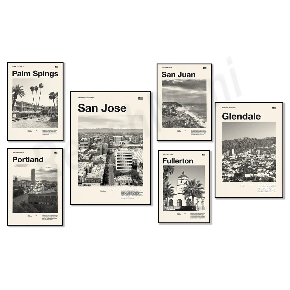 Cette série d'affiches promotionnelles met en valeur différentes villes de Californie, telles que Palm Springs, San Jose, San Juan, Fullerton et Glendale, offrant une représentation visuelle de leur paysage urbain et architectural.
