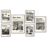 Cette série d'affiches promotionnelles met en valeur différentes villes de Californie, telles que Palm Springs, San Jose, San Juan, Fullerton et Glendale, offrant une représentation visuelle de leur paysage urbain et architectural.