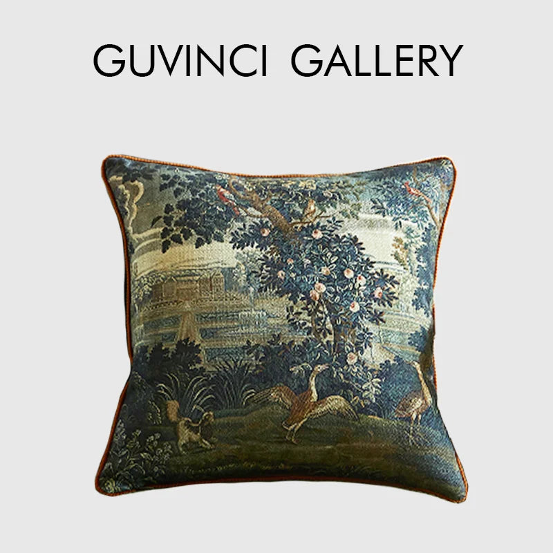 taies d'oreiller jacquard imprimées motif floral paysage vintage bleu vert beige respectueux environnement dimension