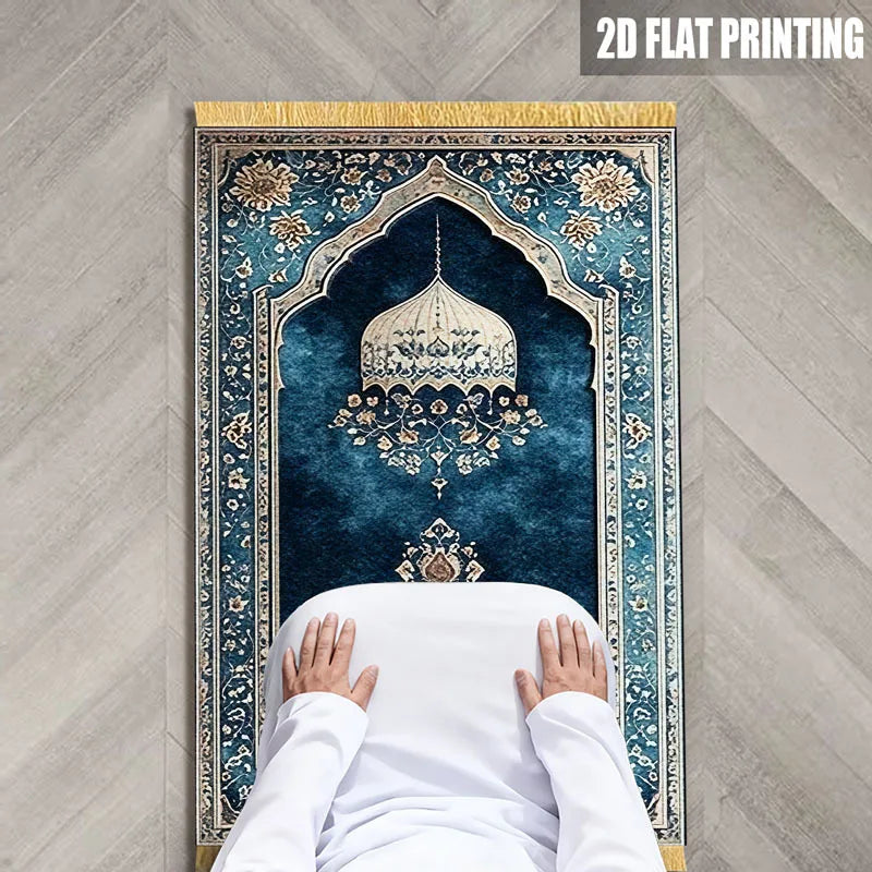 tapis prière islamique bleu foncé motif géométrique polyester résistant décoloration usage extérieur voyage