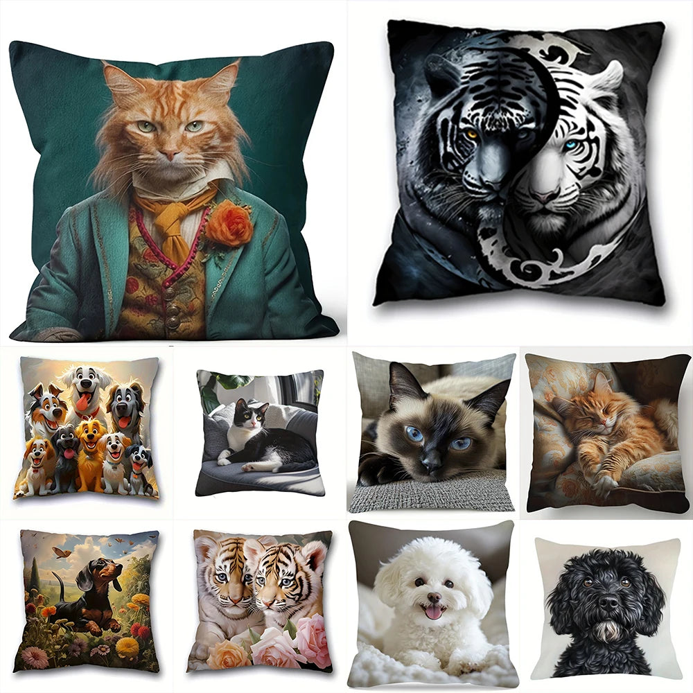 taies d'oreiller animaux imprimées tigres chats chiens orange noir blanc vert polyester peachskin 45x45cm