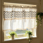 rideau lin beige noir broderie géométrique bordure dentelle classique vintage translucide cuisine fenêtre