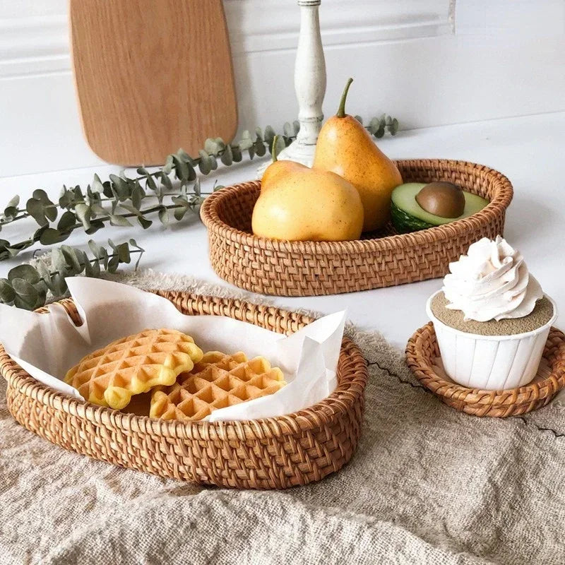 panier tressé marron clair rangement snack fruits thé pique nique cosmétique respectueux environnement rustique