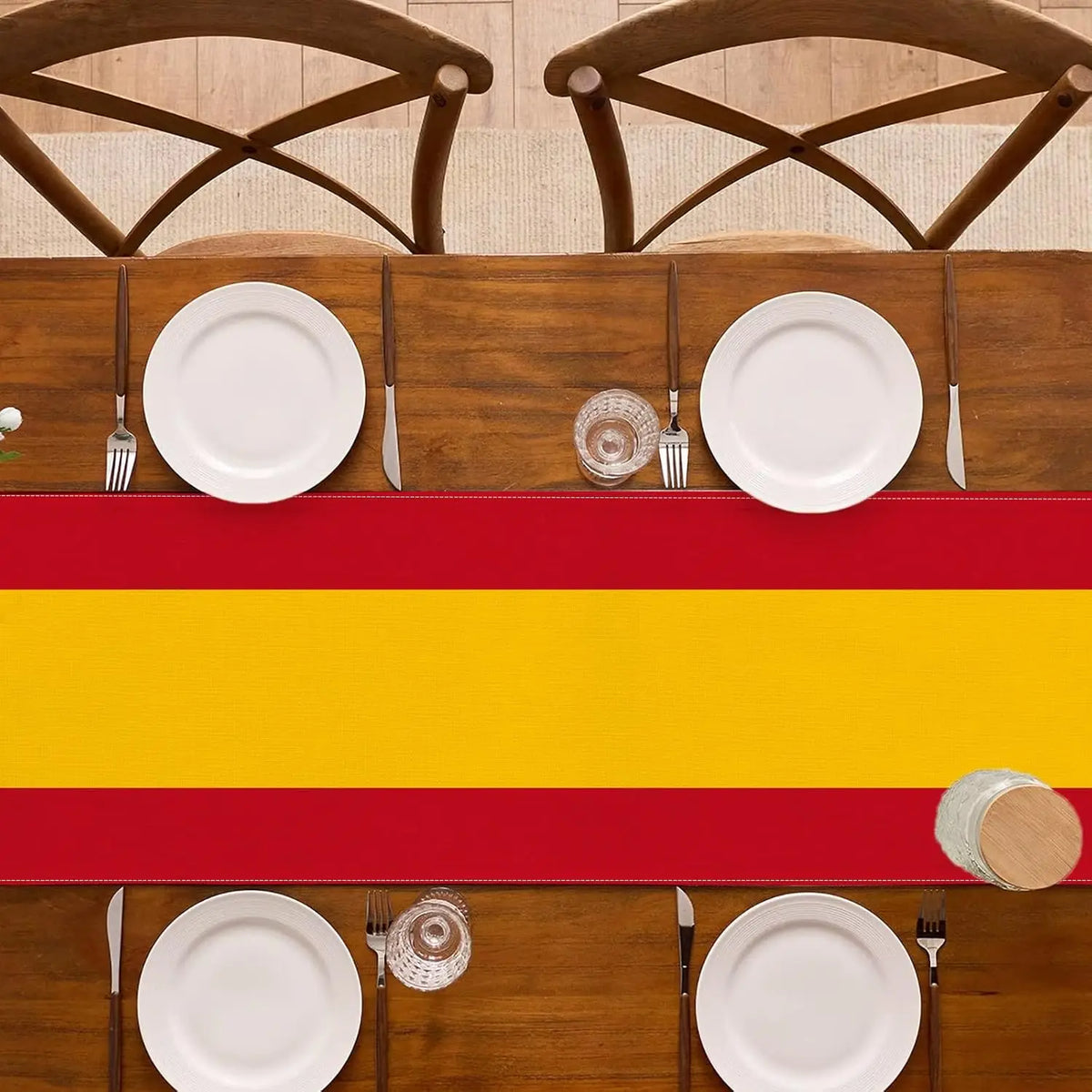 nappe lin rouge jaune drapeau espagnol écusson central festive mariage anniversaire décoration table cuisine