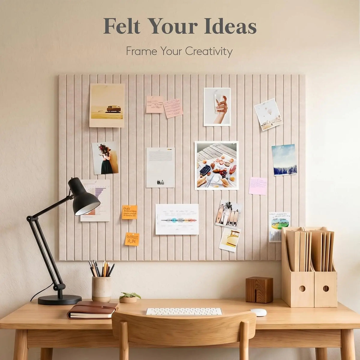 panneau feutre moderne rayures verticales beige clair clips inclusion feuilles papier notes autocollantes 30cm
