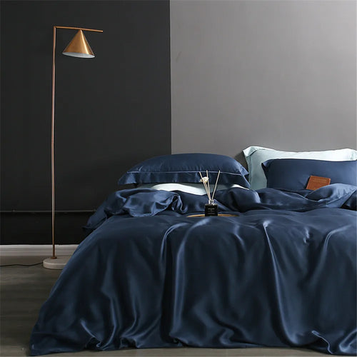 drap lit bleu marine uni soie 100% moderne oreillers taies d'oreiller drap plat queen