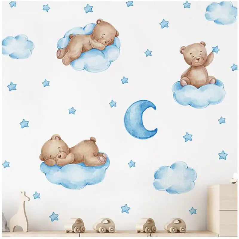 stickers muraux ours peluche rose bleu nuages bonne nuit décoration enfant illustration douce