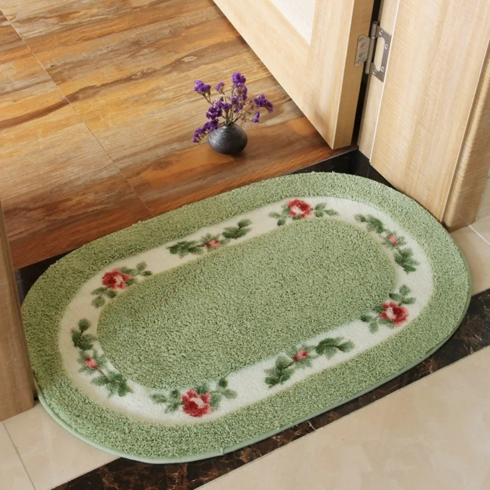 tapis ovale fleurs roses classique antidérapant rouge vert bleu clair
