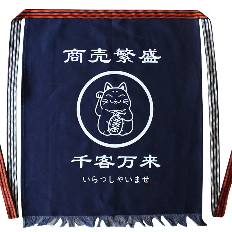 tablier cuisine japonais toile bleu marine imprimé caractères japonais chat maneki neko traditionnel nettoyage